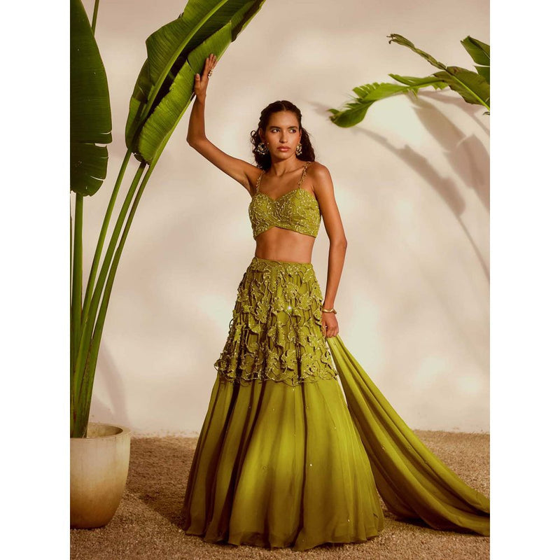 Silky Bindra Green Monstera Lehenga with Bustier and Dupatta (Set of 3)