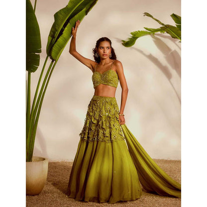 Silky Bindra Green Monstera Lehenga with Bustier and Dupatta (Set of 3)