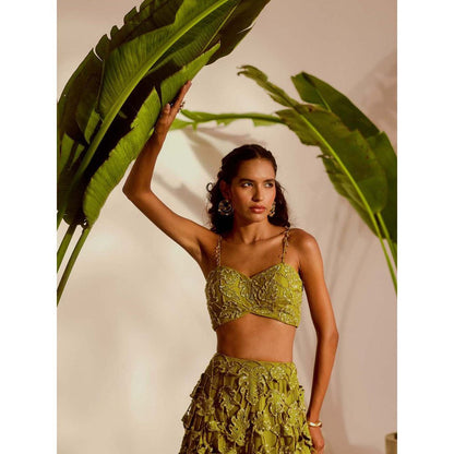 Silky Bindra Green Monstera Lehenga with Bustier and Dupatta (Set of 3)