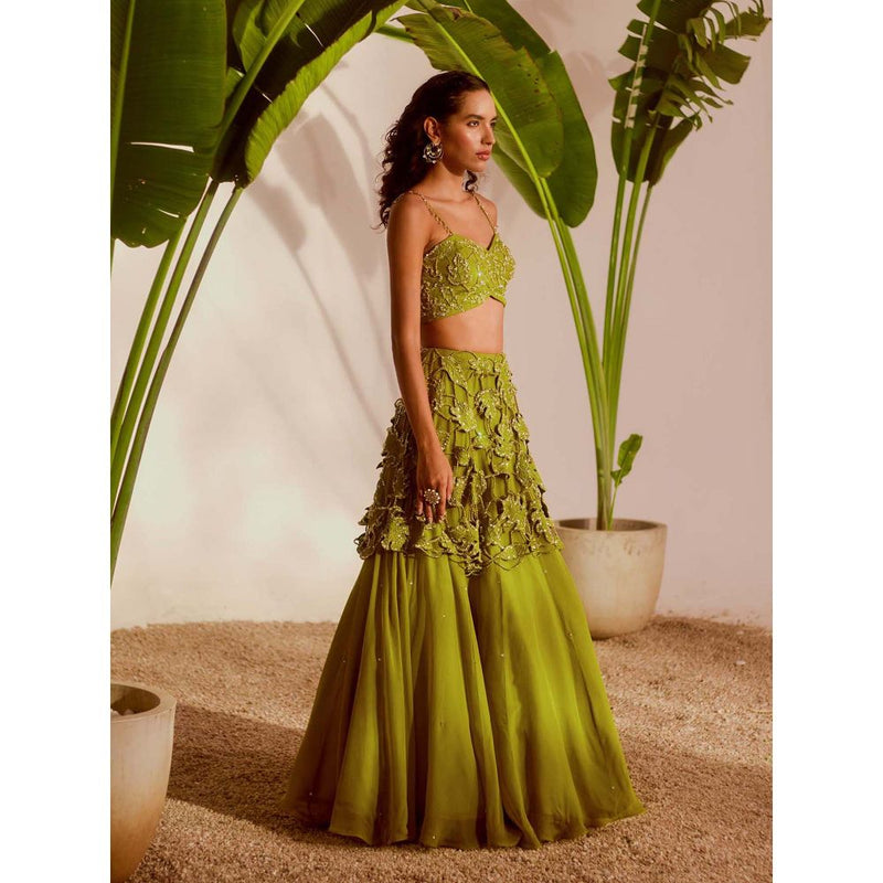 Silky Bindra Green Monstera Lehenga with Bustier and Dupatta (Set of 3)