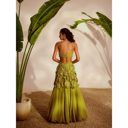 Silky Bindra Green Monstera Lehenga with Bustier and Dupatta (Set of 3)