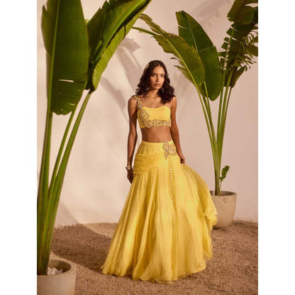 Silky Bindra Yellow Blossom Lehenga with Bustier (Set of 2)