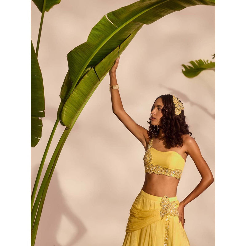 Silky Bindra Yellow Blossom Lehenga with Bustier (Set of 2)