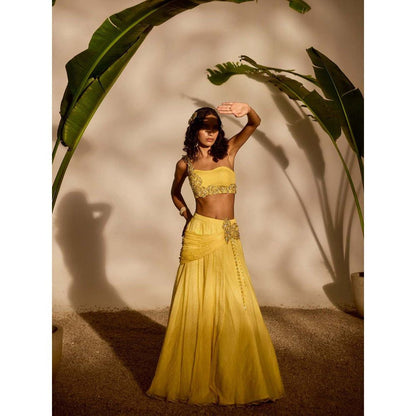 Silky Bindra Yellow Blossom Lehenga with Bustier (Set of 2)