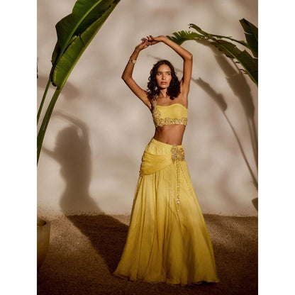 Silky Bindra Yellow Blossom Lehenga with Bustier (Set of 2)