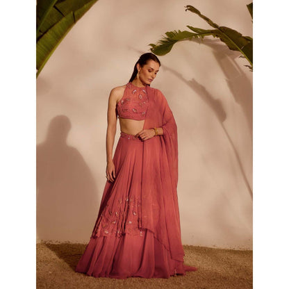 Silky Bindra Pink Nia Drape Lehenga with Blouse and Dupatta (Set of 3)