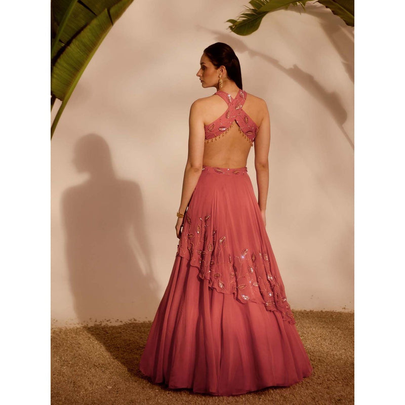 Silky Bindra Pink Nia Drape Lehenga with Blouse and Dupatta (Set of 3)