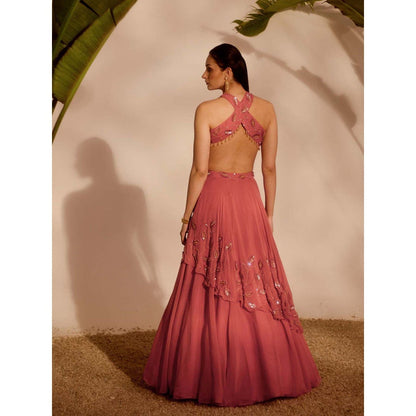 Silky Bindra Pink Nia Drape Lehenga with Blouse and Dupatta (Set of 3)