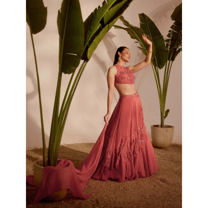 Silky Bindra Pink Nia Drape Lehenga with Blouse and Dupatta (Set of 3)