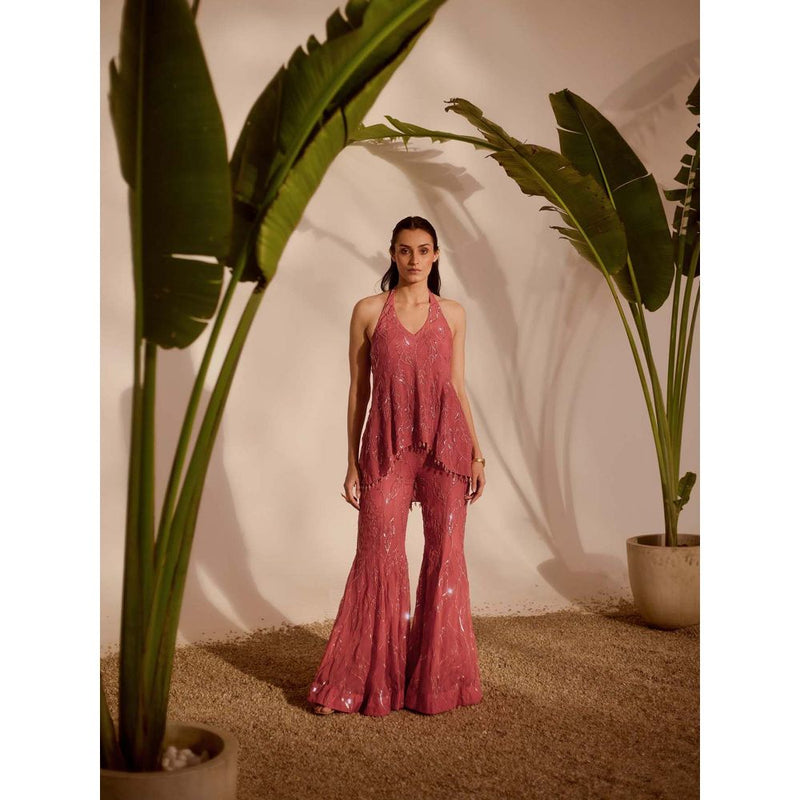 Silky Bindra Pink Viella Peplum Top with Sharara (Set of 2)