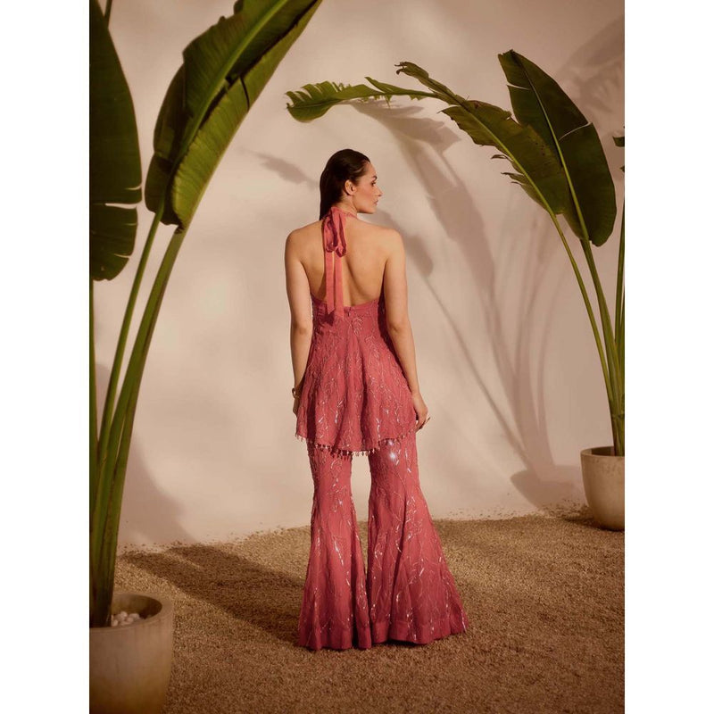 Silky Bindra Pink Viella Peplum Top with Sharara (Set of 2)