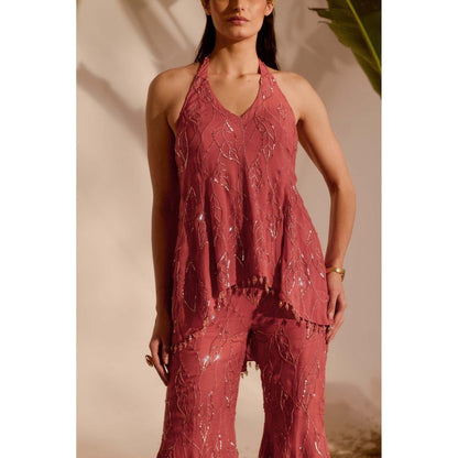 Silky Bindra Pink Viella Peplum Top with Sharara (Set of 2)