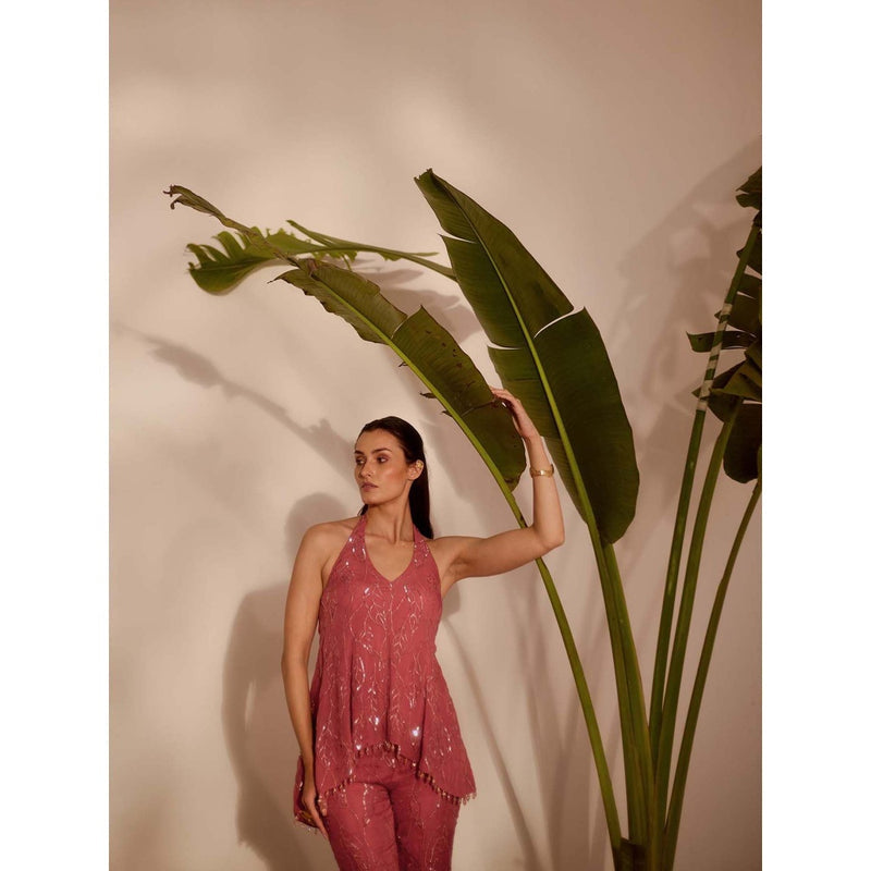 Silky Bindra Pink Viella Peplum Top with Sharara (Set of 2)