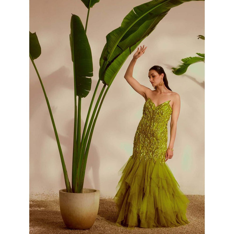 Silky Bindra Green Fauna Applique Gown