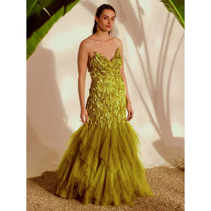 Silky Bindra Green Fauna Applique Gown