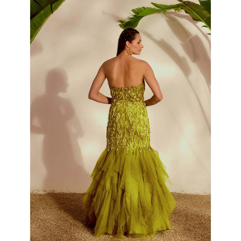 Silky Bindra Green Fauna Applique Gown