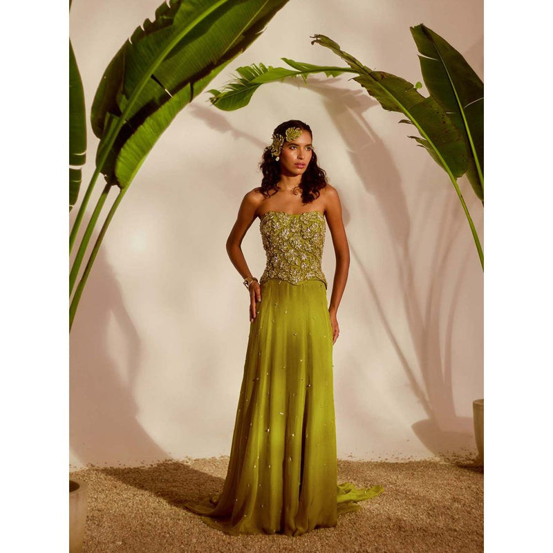 Silky Bindra Green Moriko Monstera Corset with Skirt (Set of 2)