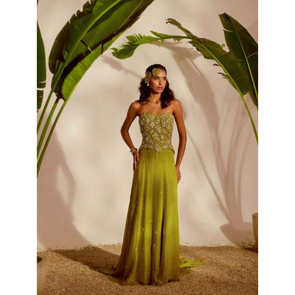 Silky Bindra Green Moriko Monstera Corset with Skirt (Set of 2)