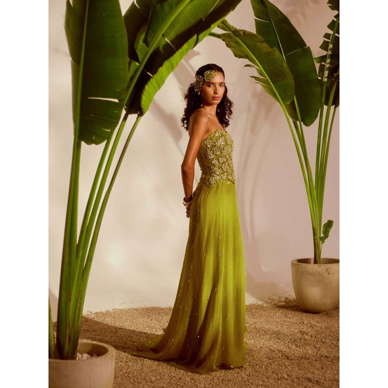 Silky Bindra Green Moriko Monstera Corset with Skirt (Set of 2)