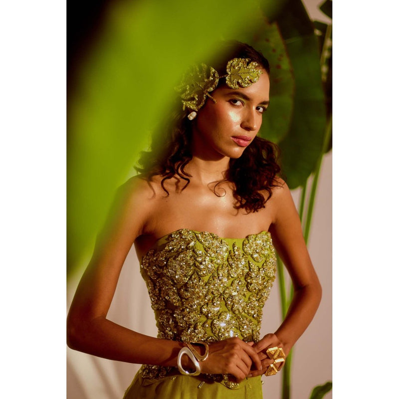 Silky Bindra Green Moriko Monstera Corset with Skirt (Set of 2)