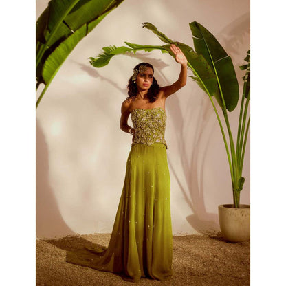 Silky Bindra Green Moriko Monstera Corset with Skirt (Set of 2)