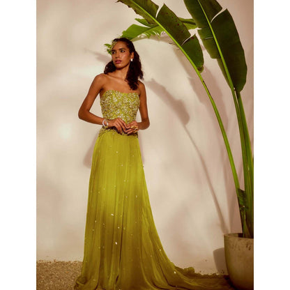 Silky Bindra Green Moriko Monstera Corset with Skirt (Set of 2)