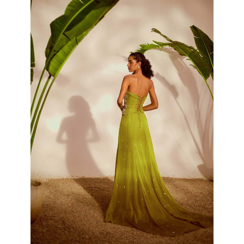 Silky Bindra Green Moriko Monstera Corset with Skirt (Set of 2)