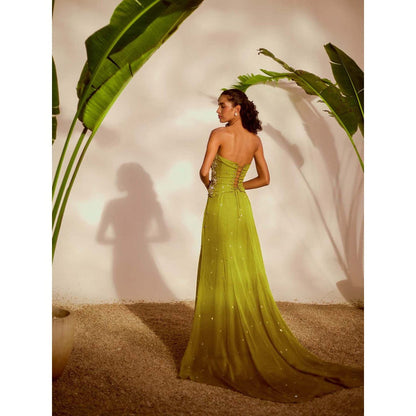 Silky Bindra Green Moriko Monstera Corset with Skirt (Set of 2)