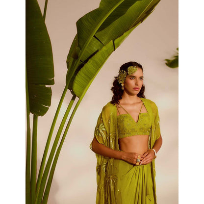 Silky Bindra Green Areca Cape with Bustier and Drape Skirt (Set of 3)