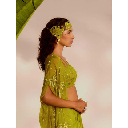 Silky Bindra Green Areca Cape with Bustier and Drape Skirt (Set of 3)