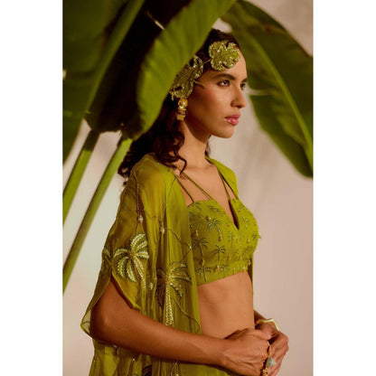 Silky Bindra Green Areca Cape with Bustier and Drape Skirt (Set of 3)