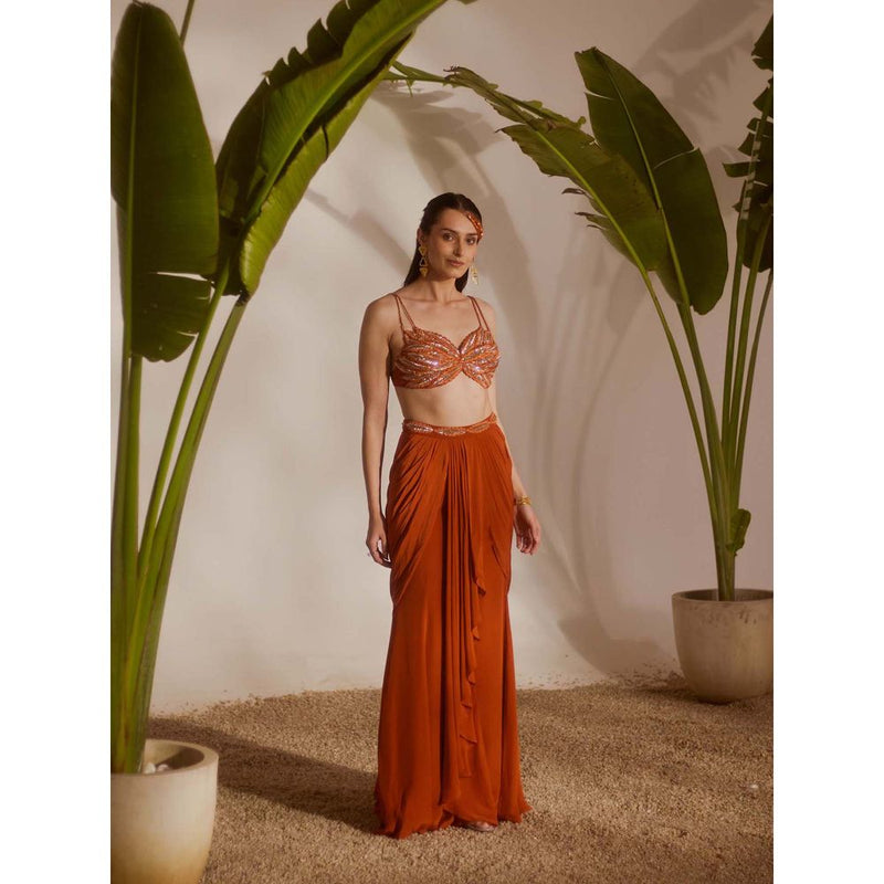 Silky Bindra Rust Koa Draped Skirt with Bustier (Set of 2)