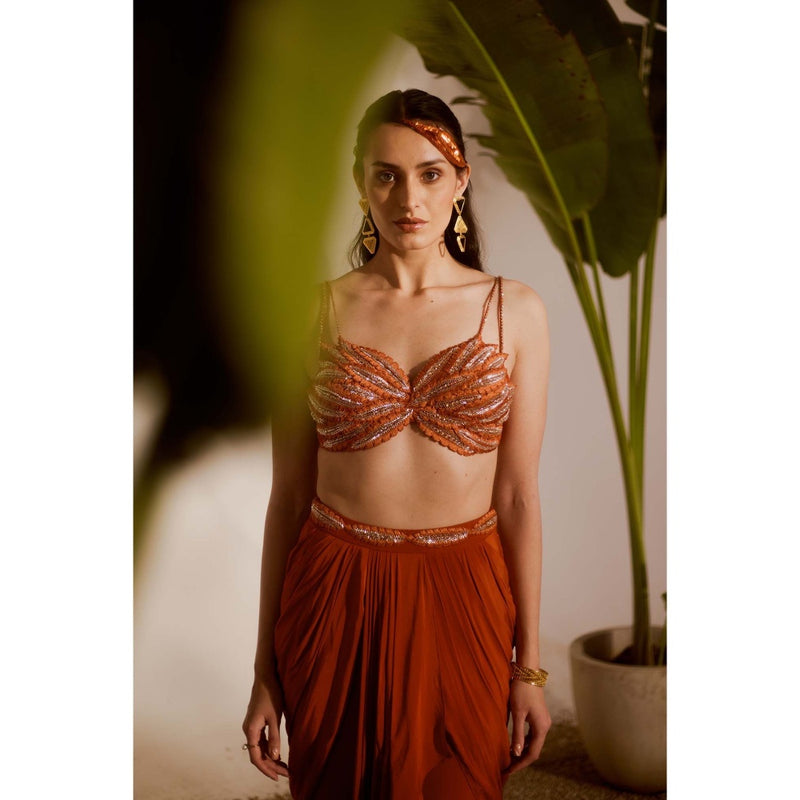 Silky Bindra Rust Koa Draped Skirt with Bustier (Set of 2)