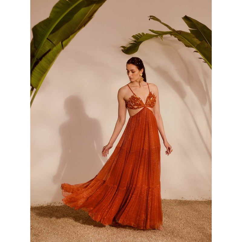 Silky Bindra Brown Aloha 3-Tiered Gown