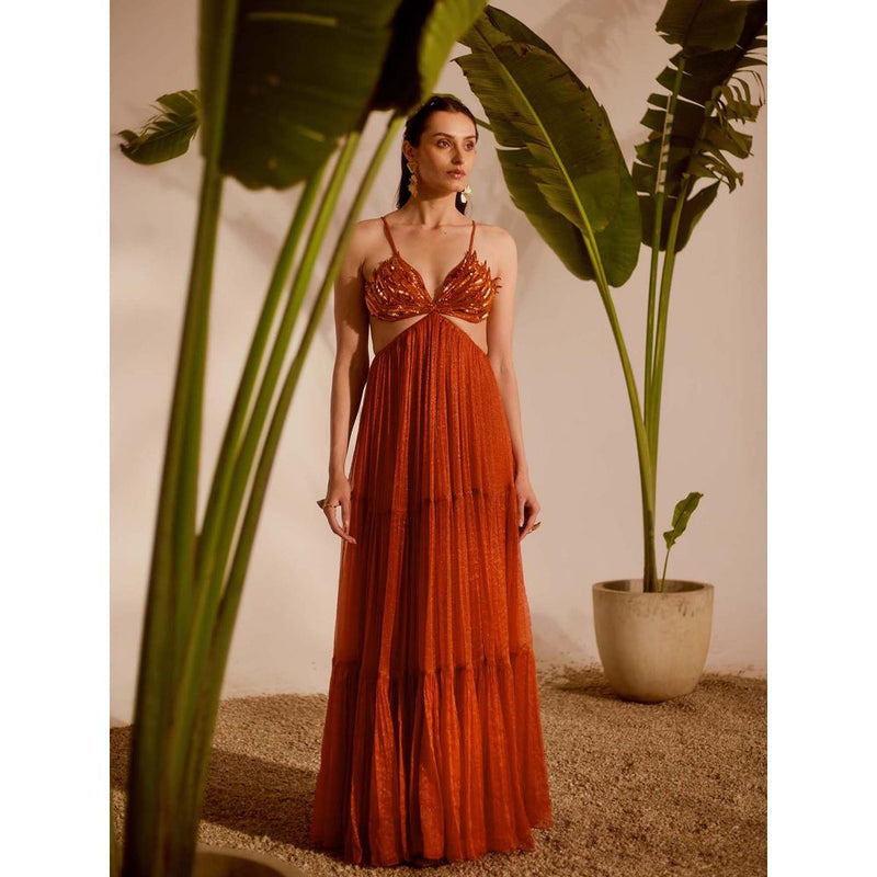 Silky Bindra Brown Aloha 3-Tiered Gown