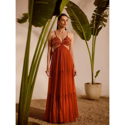 Silky Bindra Brown Aloha 3-Tiered Gown