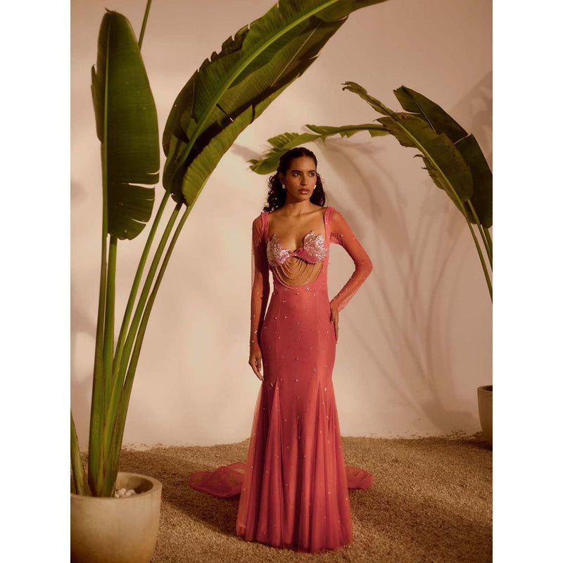 Silky Bindra Pink Lovebirds Godet Gown