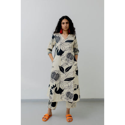 Silai Studio Cream Pomegranate Print Kurta and Pants (Set of 2)