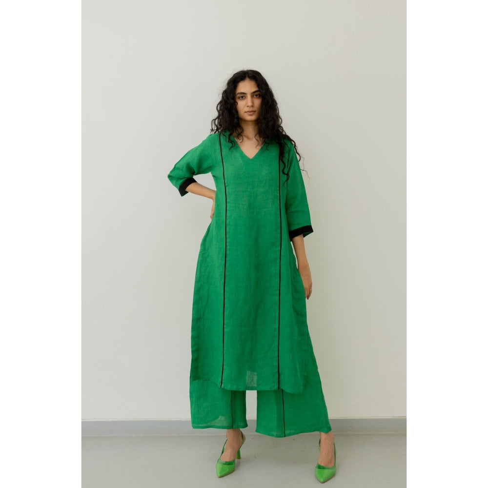 Silai Studio Bottle Green Linen Kurta and Palazzo (Set of 2)