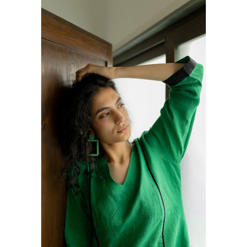 Silai Studio Bottle Green Linen Kurta and Palazzo (Set of 2)