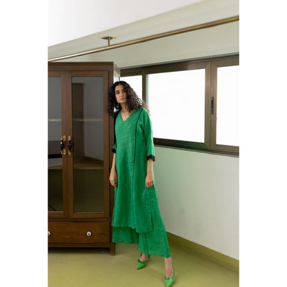 Silai Studio Bottle Green Linen Kurta and Palazzo (Set of 2)