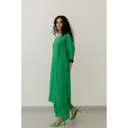 Silai Studio Bottle Green Linen Kurta and Palazzo (Set of 2)