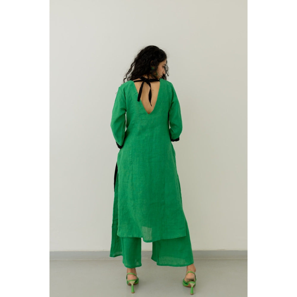 Silai Studio Bottle Green Linen Kurta and Palazzo (Set of 2)
