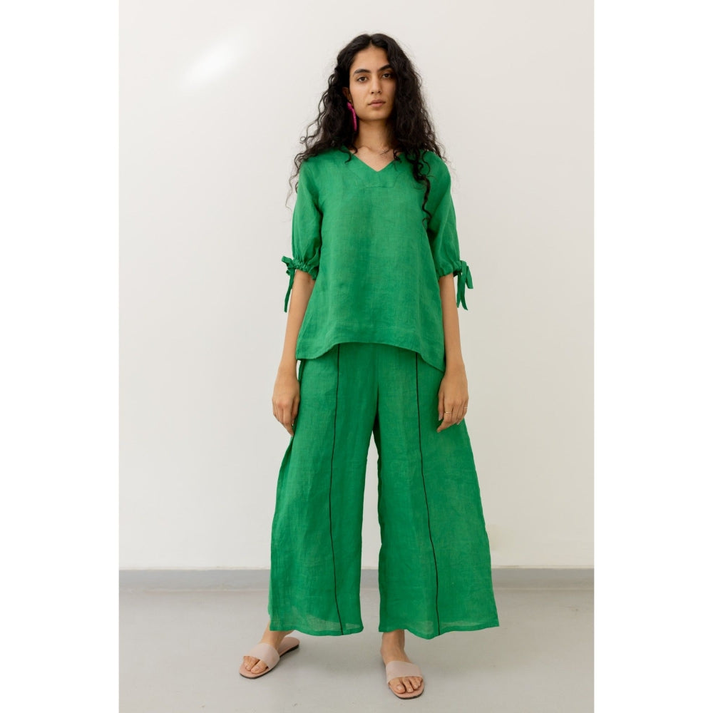 Silai Studio Bottle Green Linen Shirt and Pant (Set of 2)