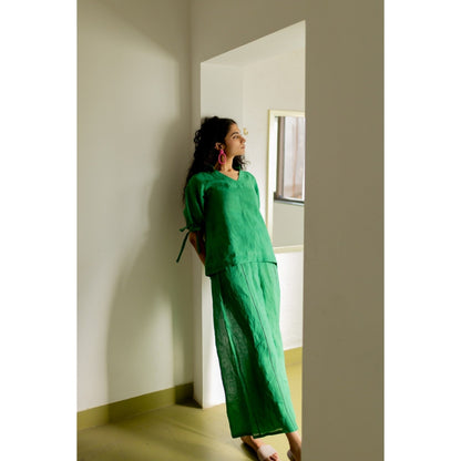 Silai Studio Bottle Green Linen Shirt and Pant (Set of 2)