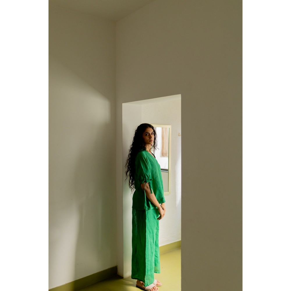 Silai Studio Bottle Green Linen Shirt and Pant (Set of 2)
