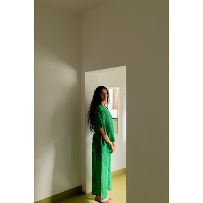 Silai Studio Bottle Green Linen Shirt and Pant (Set of 2)
