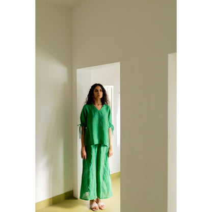 Silai Studio Bottle Green Linen Shirt and Pant (Set of 2)