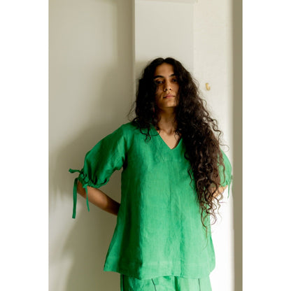 Silai Studio Bottle Green Linen Shirt and Pant (Set of 2)