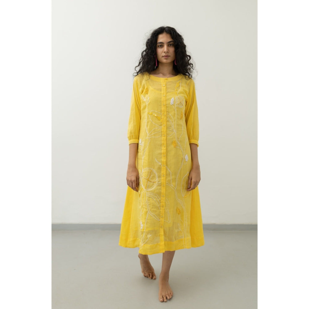 Silai Studio Yellow Crinkled Cotton Midi Dress with Slip (Set of 2)